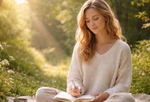 Journaling in a sunlit forest