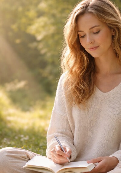Journaling in a sunlit forest