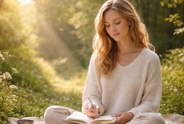 Journaling in a sunlit forest