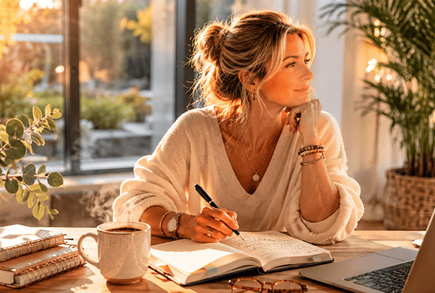 Person journaling in soft morning light representing discipline and intentional living