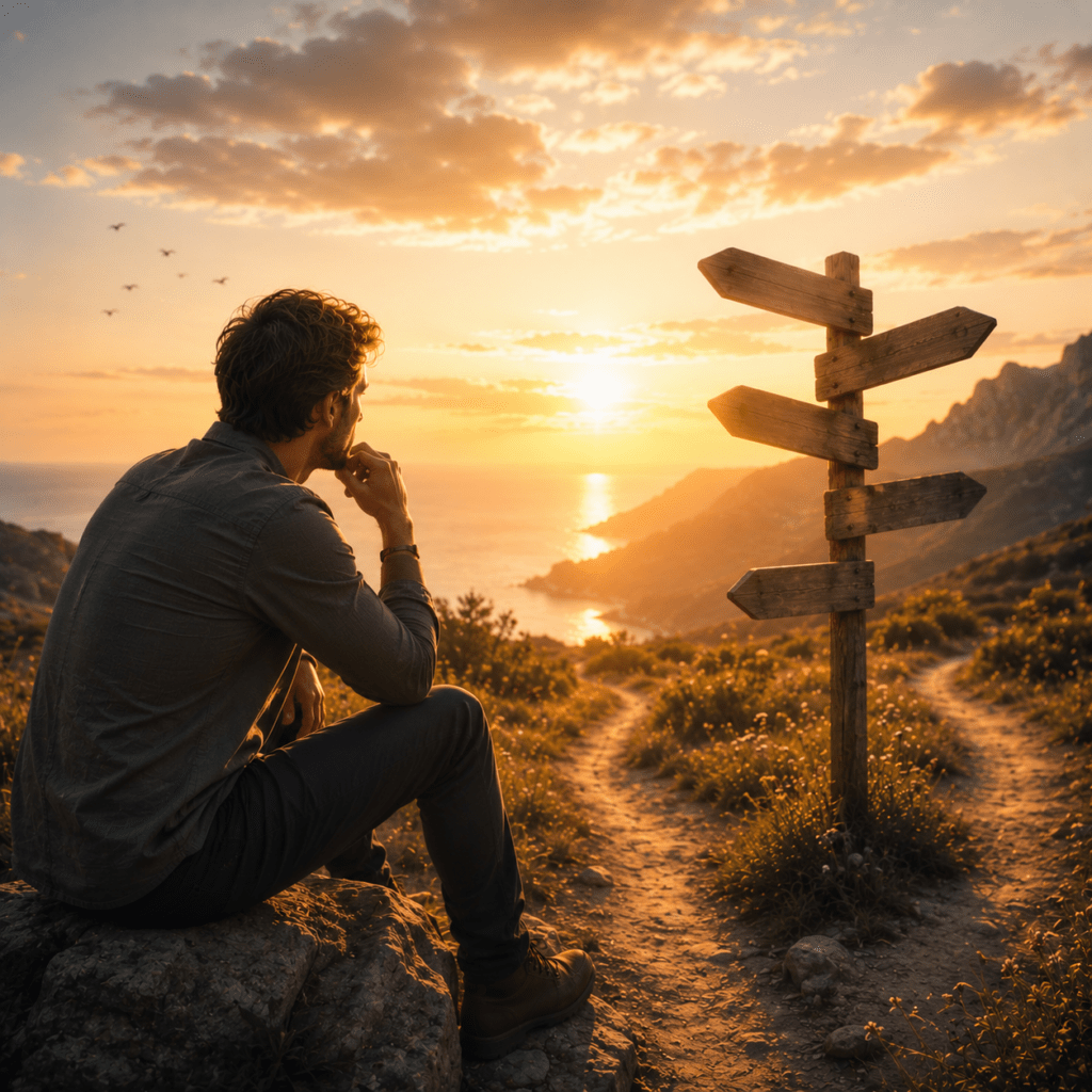 Contemplative sunset hike at crossroads