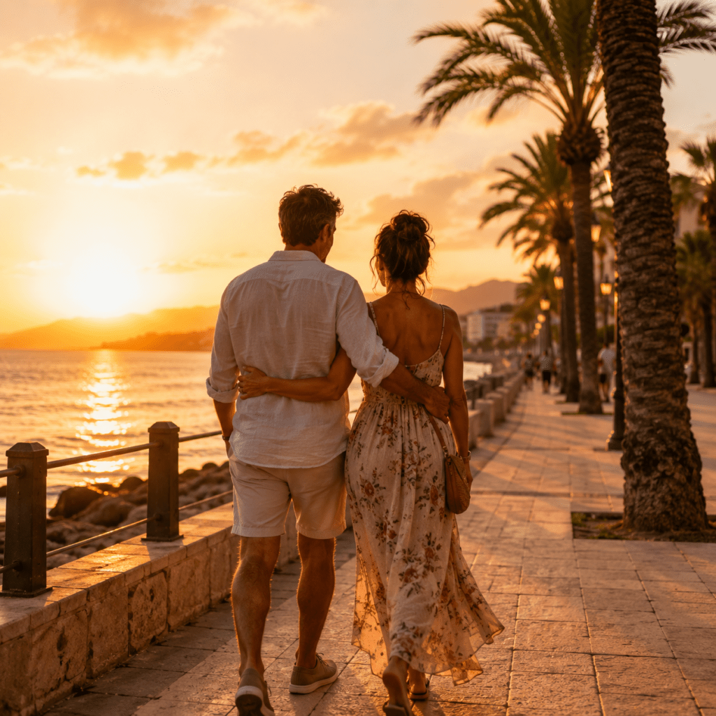 Romantic stroll by the seaside promenade