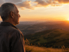 Man looking toward the horizon at sunset, reflecting on personal growth and new possibilities.