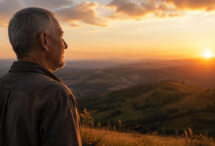 Man looking toward the horizon at sunset, reflecting on personal growth and new possibilities.