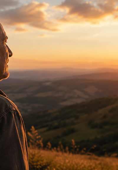 Man looking toward the horizon at sunset, reflecting on personal growth and new possibilities.