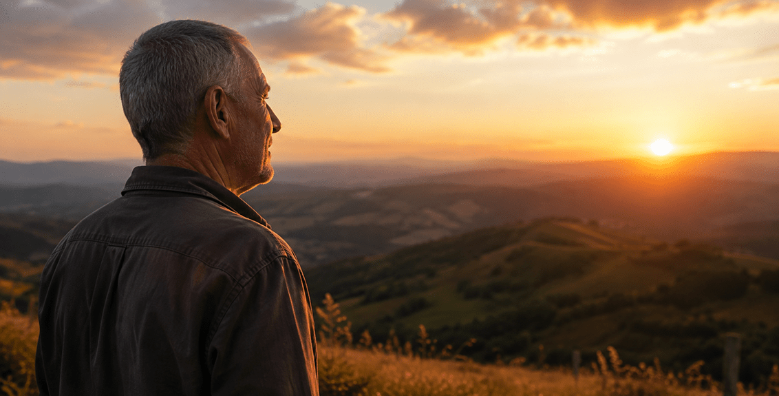 Man looking toward the horizon at sunset, reflecting on personal growth and new possibilities.